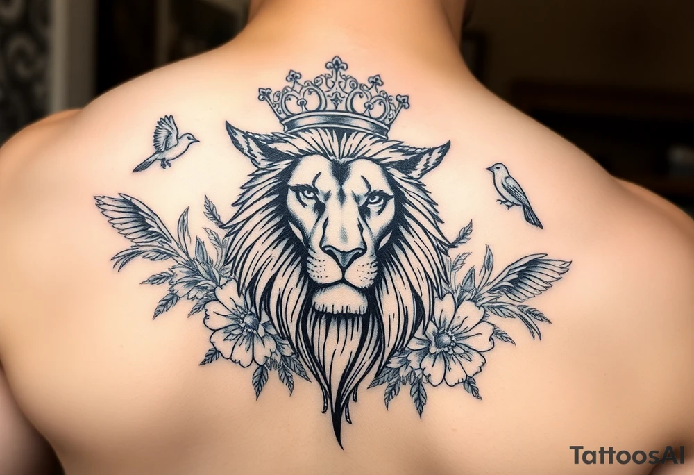 powerful majestic lion with a crown, surrounded by floral ornaments and birds tattoo idea