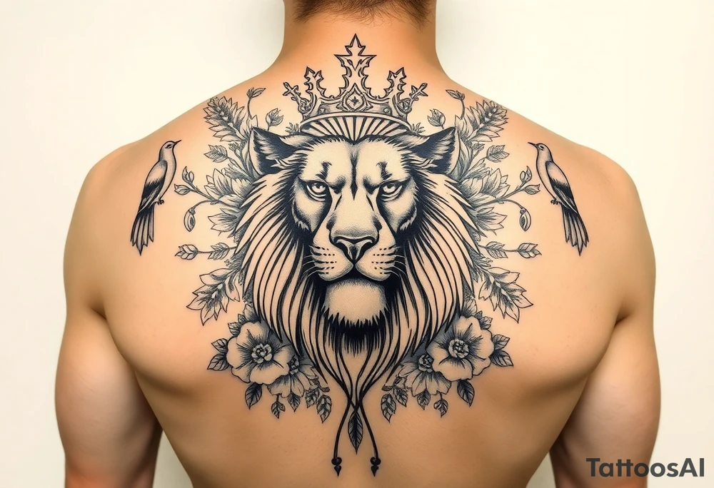 powerful majestic lion with a crown, surrounded by floral ornaments and birds tattoo idea