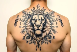 powerful majestic lion with a crown, surrounded by floral ornaments and birds tattoo idea
