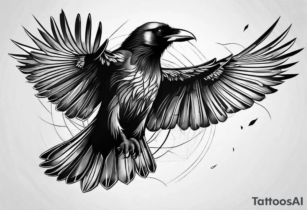 outline with straight lines of a flying raven, withot grafik inside tattoo idea