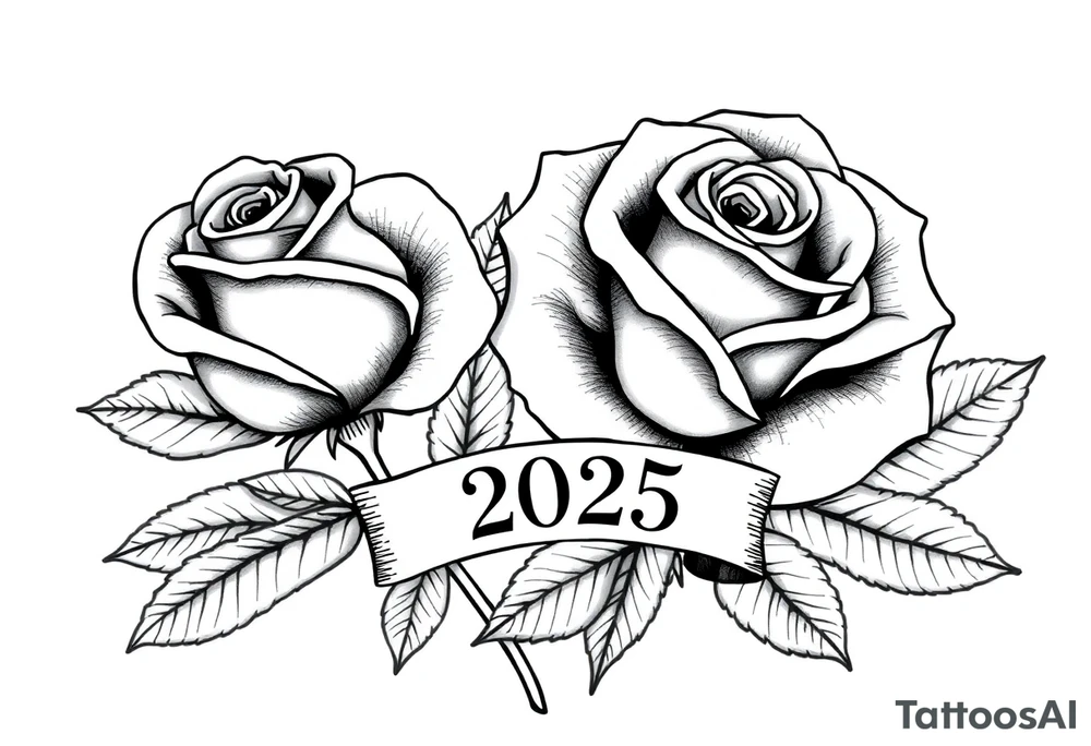 two beautiful large rose buds, one slightly larger than the other, with lots and lots of leaves next to the rose buds, with one sitting slightly higher than the other, side-by-side.  Include a banner connecting the two roses with the year 2025 on it.   Use dark outlines with little shading. Remove all stems from the roses. tattoo idea