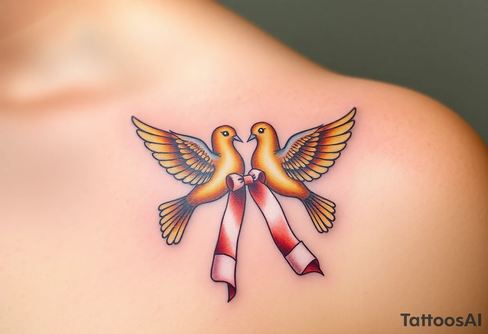 A pair of golden doves holding a soft white silk ribbon, with their wings gently touching tattoo idea