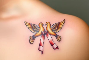 A pair of golden doves holding a soft white silk ribbon, with their wings gently touching tattoo idea