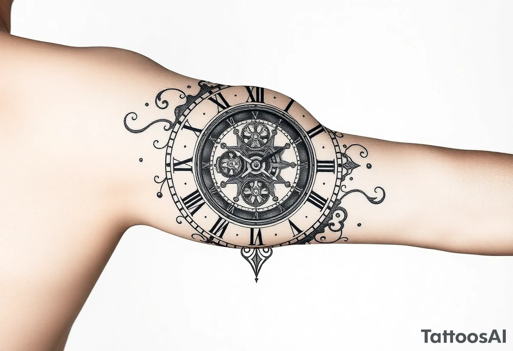 vintage roman numerals within ornate clockwork mechanism tattoo idea