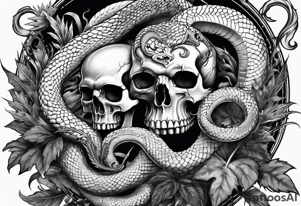 sleeve tattoo with a hydra snake, gun, skull, weed symbol tattoo idea