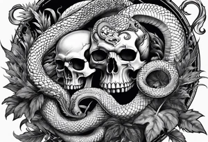 sleeve tattoo with a hydra snake, gun, skull, weed symbol tattoo idea