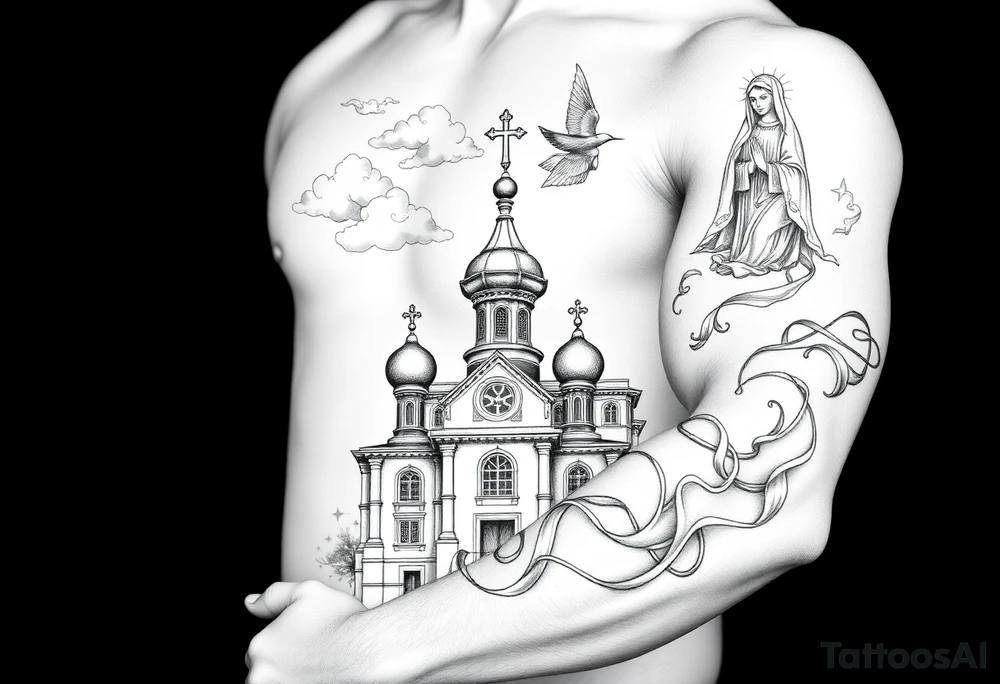 Russian Orthodox church with orthodox spire crosses, with clouds above it and a virgin mary seperately over looking sat above tattoo idea