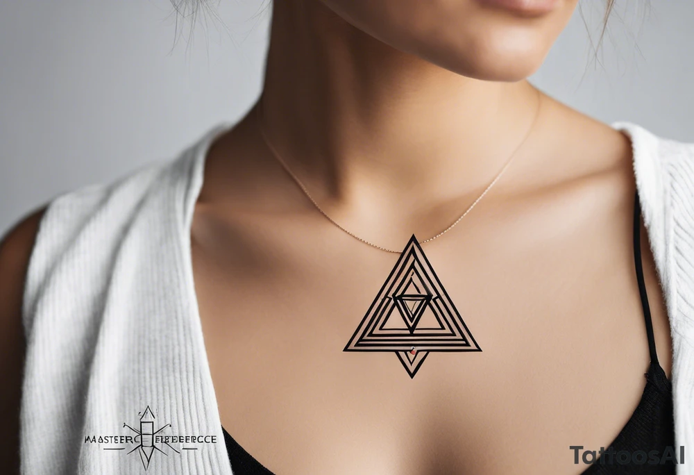 “Generate a minimalist tattoo design with three filled-in shapes arranged in a triangle formation. The top shape should be a geometric heart representing health, the bottom left a compass rose symbolizing purpose, and the bottom right three circles forming a triangle to signify family. The design should focus solely on the filled-in shapes without any additional ornaments, emphasizing simplicity and clean lines.” tattoo idea