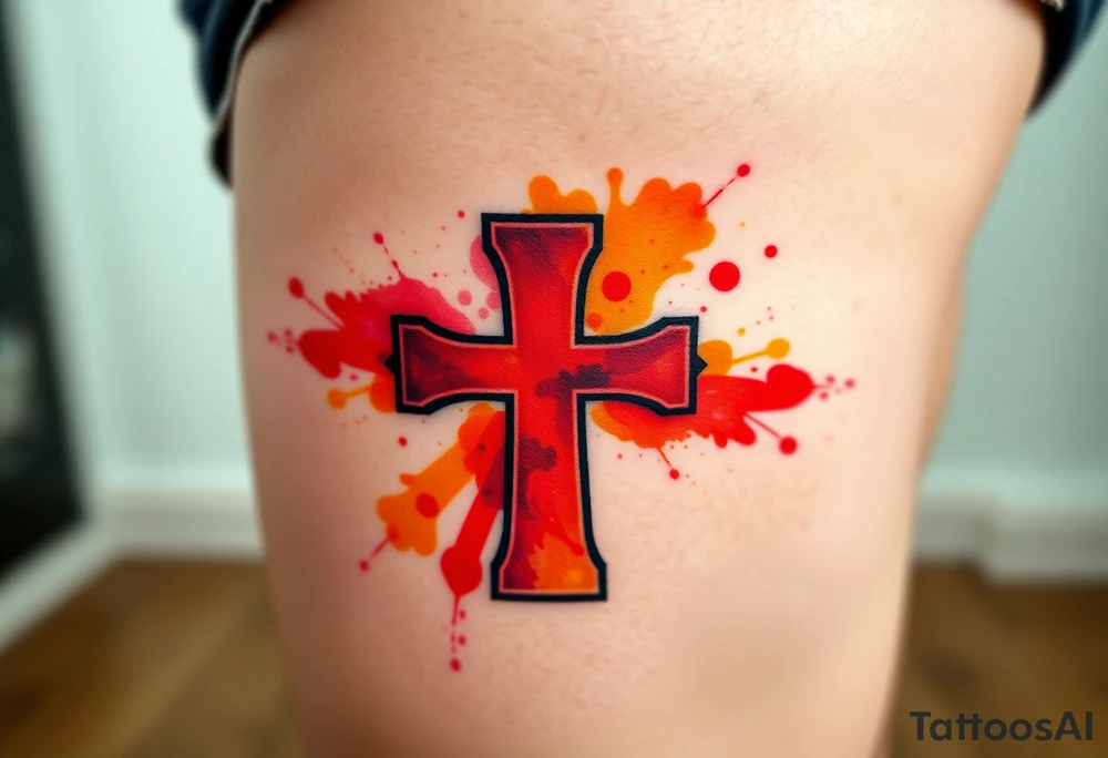 A watercolor-style Maltese cross in splashes of deep red, orange, and yellow, creating a vibrant artistic effect. tattoo idea