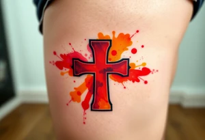 A watercolor-style Maltese cross in splashes of deep red, orange, and yellow, creating a vibrant artistic effect. tattoo idea