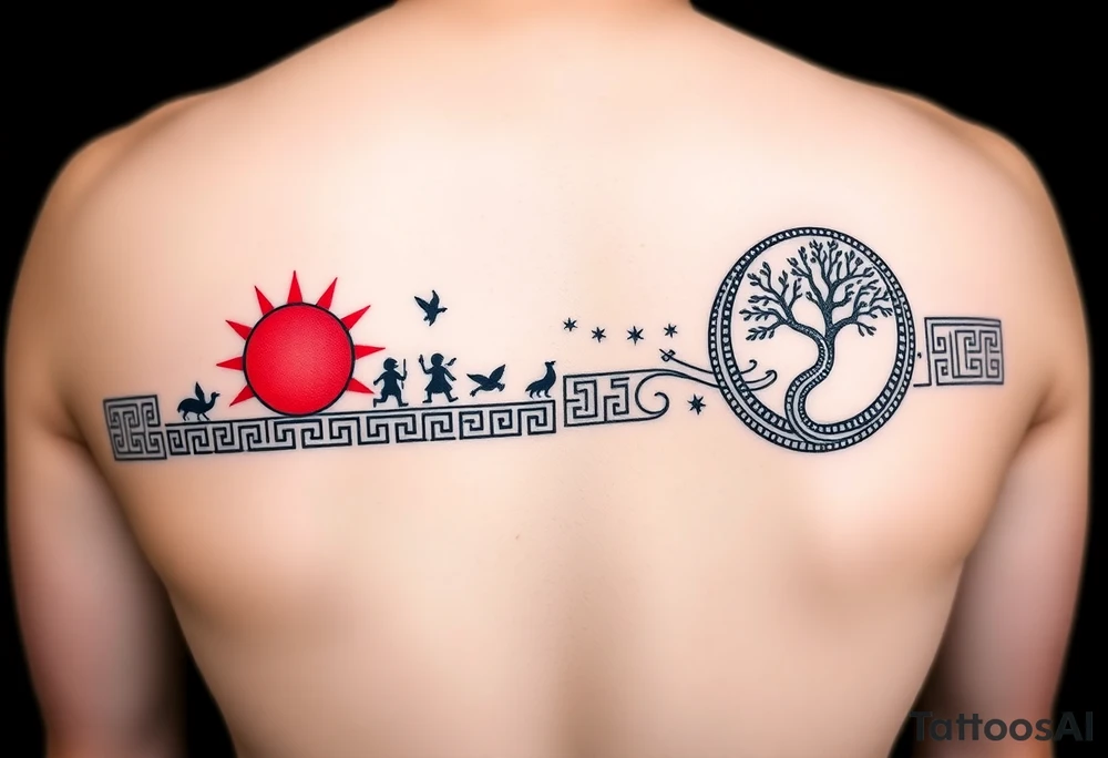 Greek meander tattoo band for forearm, long horizontal design (not a circle), intricate black and red ink. Left side (day): red sun with sharp rays, tiny running human silhouettes, birds. Right side (night): black crescent moon, stars, ouroboros snake. All elements are stylized as part of the meander pattern — symbols emerge from the geometric lines. Hidden details: small all-seeing eye, Tree of Life branches woven into the meander. High-contrast line art, no shading, no background. Inspired by ancient Greek pottery borders, seamless repeat pattern for tattoo sleeve tattoo idea