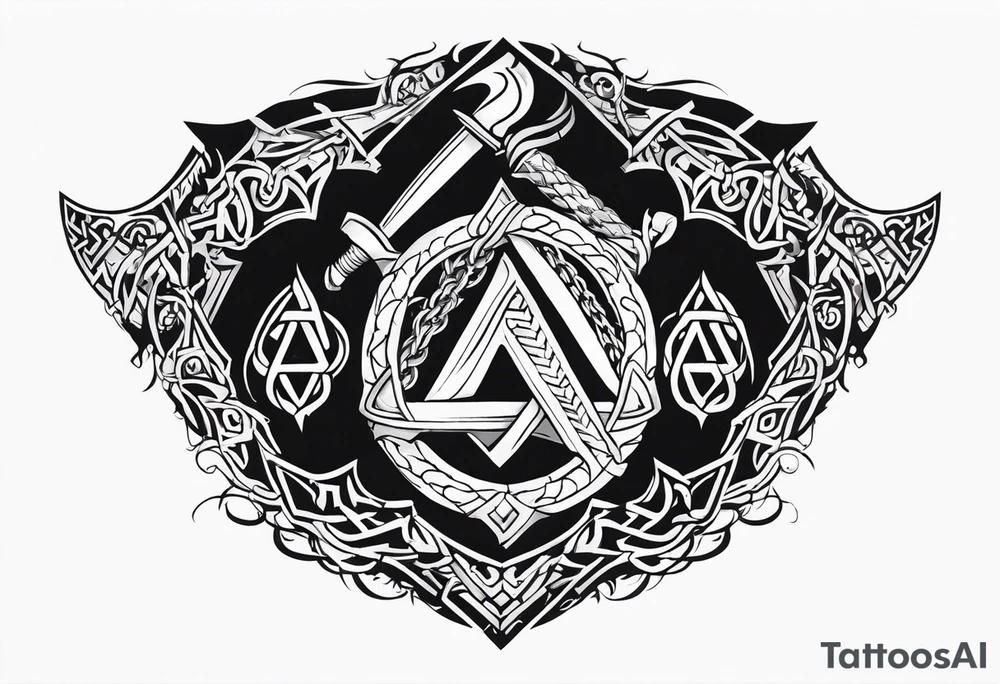 Valhalla sword shield dragon axe Valknut barbed wire chains tribal tattoo idea