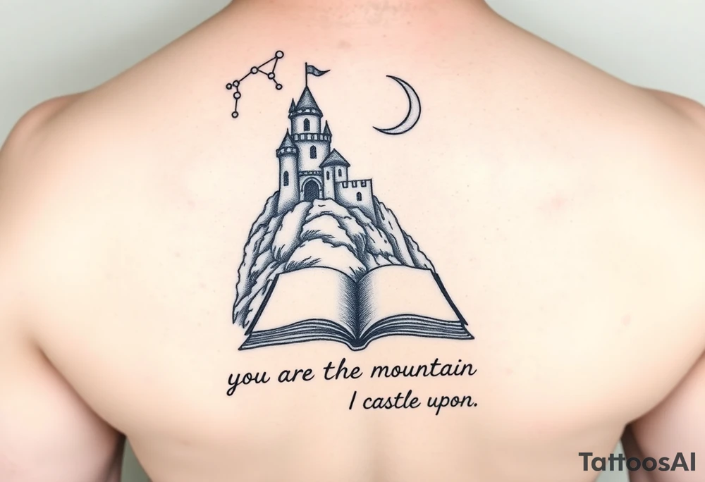 A small crumbling castle on a rocky mountain with an open book under the mountain. Above the castle are the 3 constellations aries, Libra and Sagittarius and a crescent moon. Underneath the open book are the words "you are the mountain I build my castle upon" tattoo idea