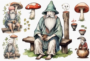 a kodama with a long beard wearing a mushroom hat and a medieval tunic drinking from a wood cup, sitting on a bench laughing tattoo idea