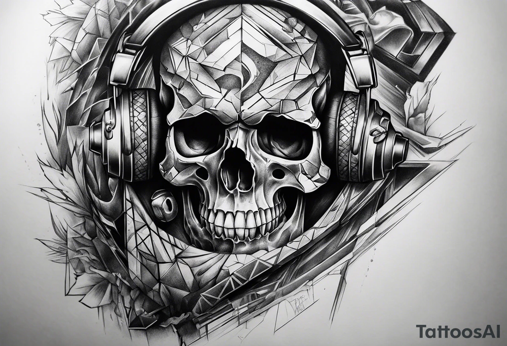 fragmented extreme pain skull elbow on arm tattoo idea