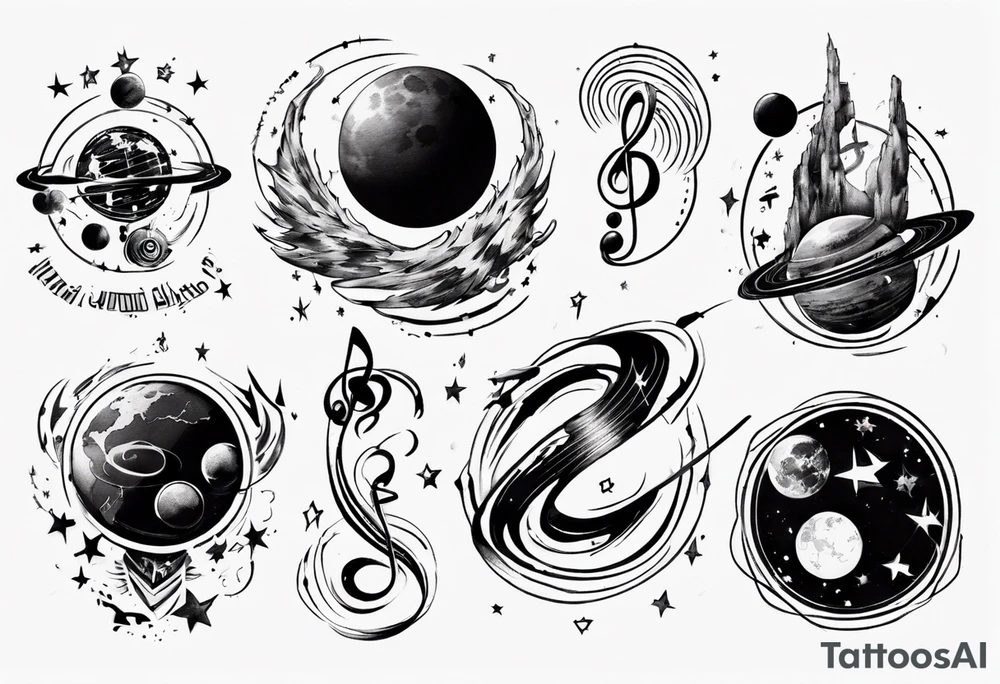 Music spinning around a planet in space tattoo idea