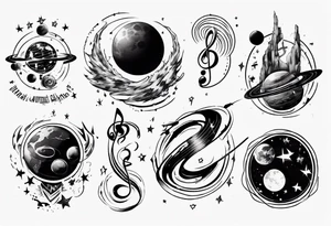 Music spinning around a planet in space tattoo idea