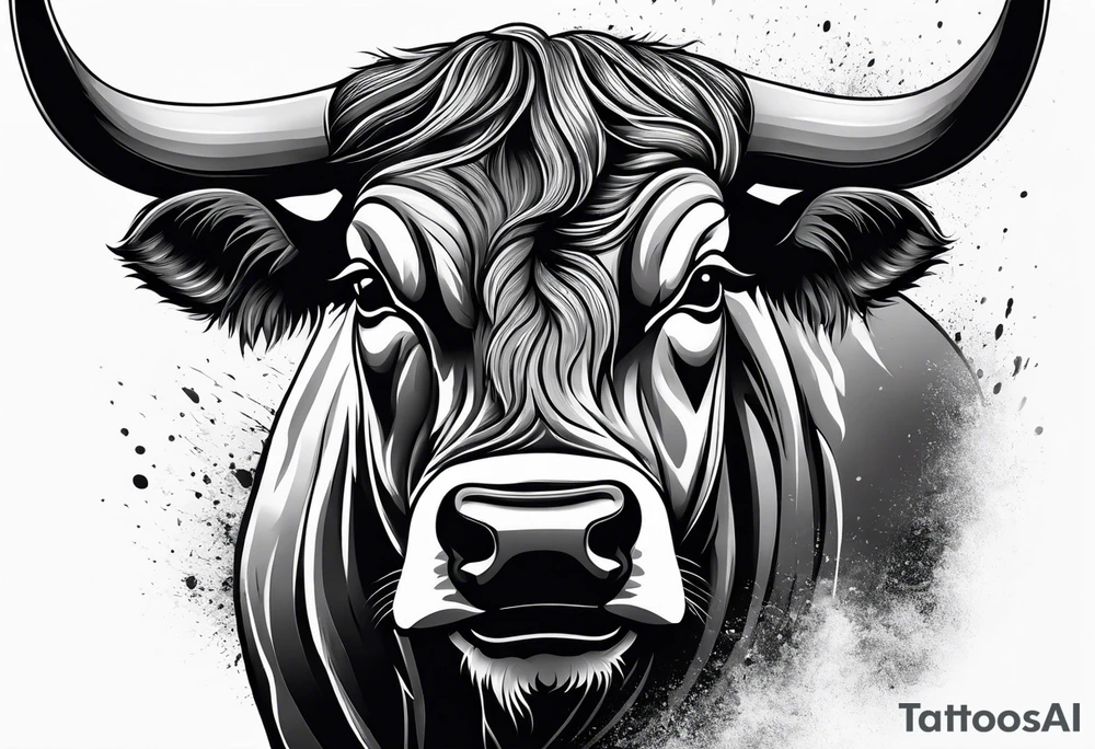 Large bull with horns busting through crowd tattoo idea