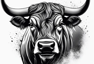 Large bull with horns busting through crowd tattoo idea