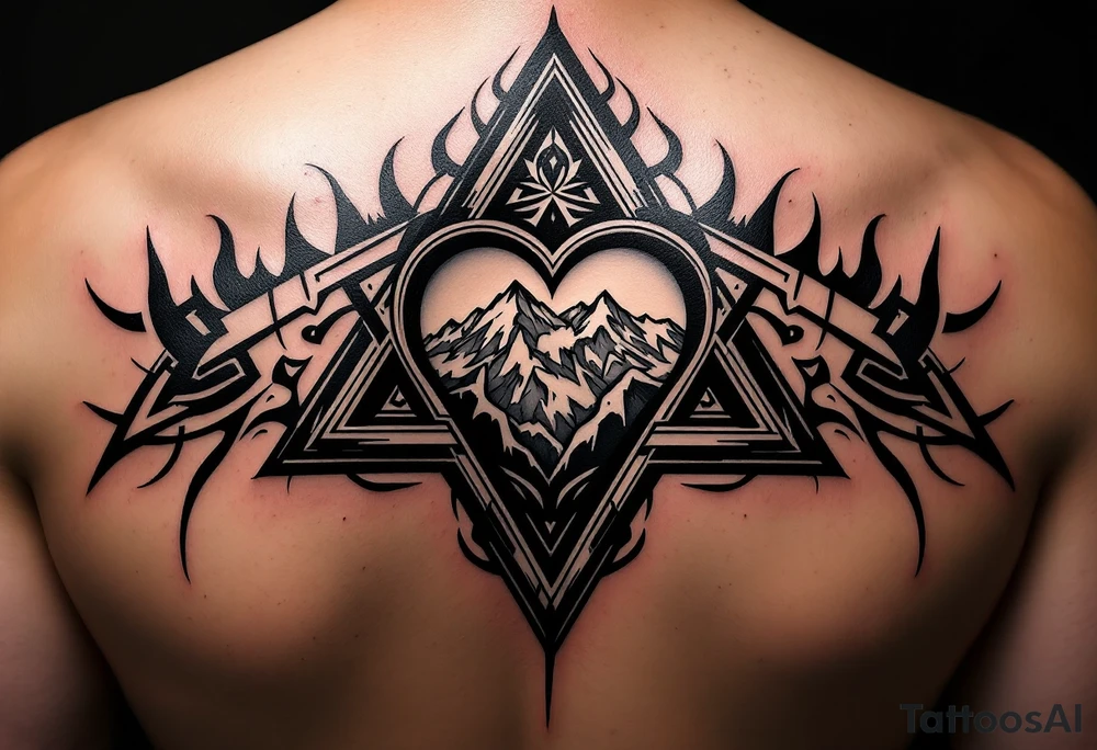 A triangle with a big heart in the cente with a mountain theme tattoo idea