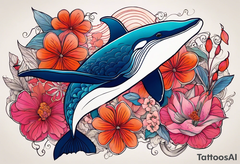 Surreal, whale, hummingbird, face, flowers, bold color, collage, pink, orange, red tattoo idea