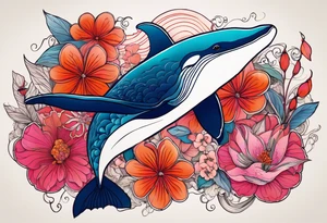 Surreal, whale, hummingbird, face, flowers, bold color, collage, pink, orange, red tattoo idea