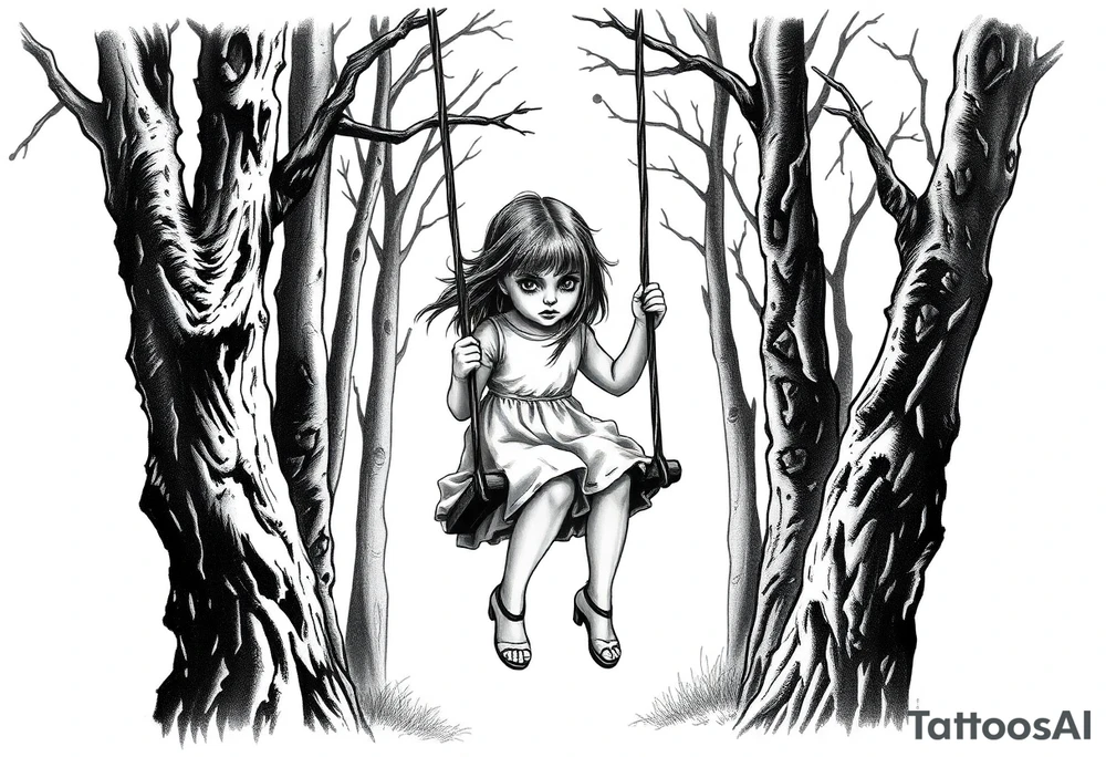 creepy grudge style little girl in the woods on a rope swing tattoo idea
