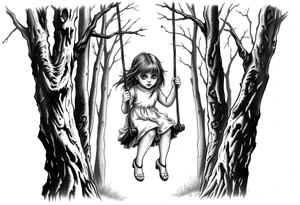 creepy grudge style little girl in the woods on a rope swing tattoo idea