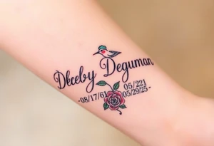 Bold curly Cursive name Debby Deguzman surrounded by a hummingbird a rose and these dates 08/17/61 - 05/29/25 tattoo idea