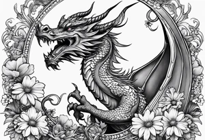 Dragon with sweet pea daisy flower tattoo idea