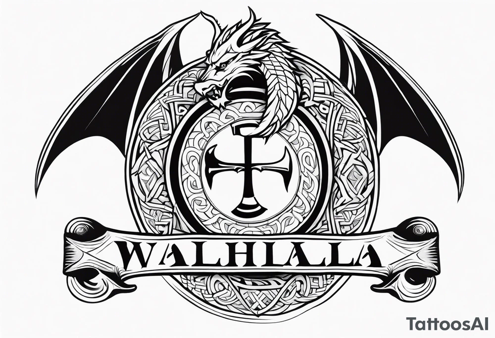Valhalla sword dragon head axe viking church tattoo idea