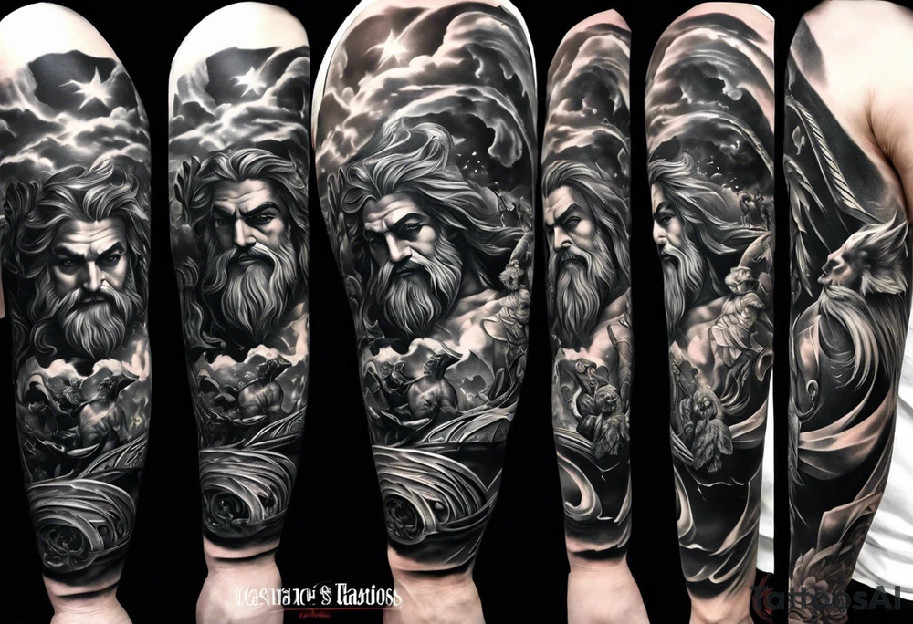 Full left arm tattoo sleeve with the Greek gods, Zeus, Poseidon and Hades. Zeus is at the left shoulder, Poseidon is at the left upper arm and Hades is at the left forearm. tattoo idea