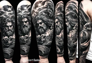 Full left arm tattoo sleeve with the Greek gods, Zeus, Poseidon and Hades. Zeus is at the left shoulder, Poseidon is at the left upper arm and Hades is at the left forearm. tattoo idea