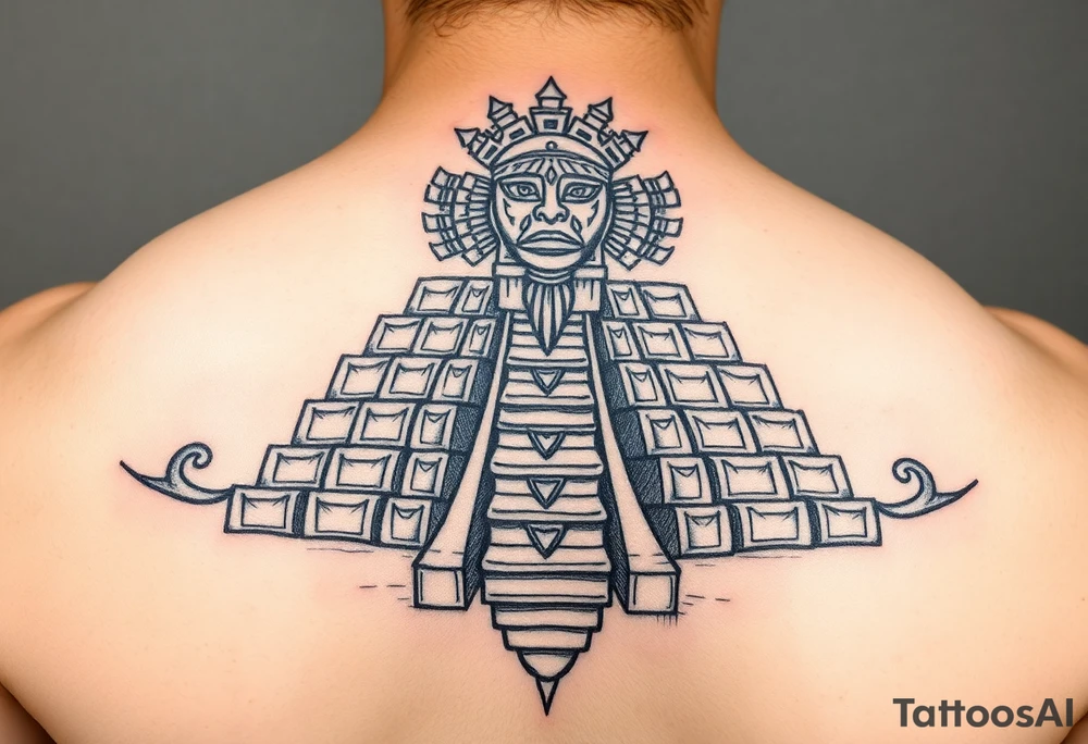 Quetzalcoatl Aztec pyramid treasure black and white tattoo idea