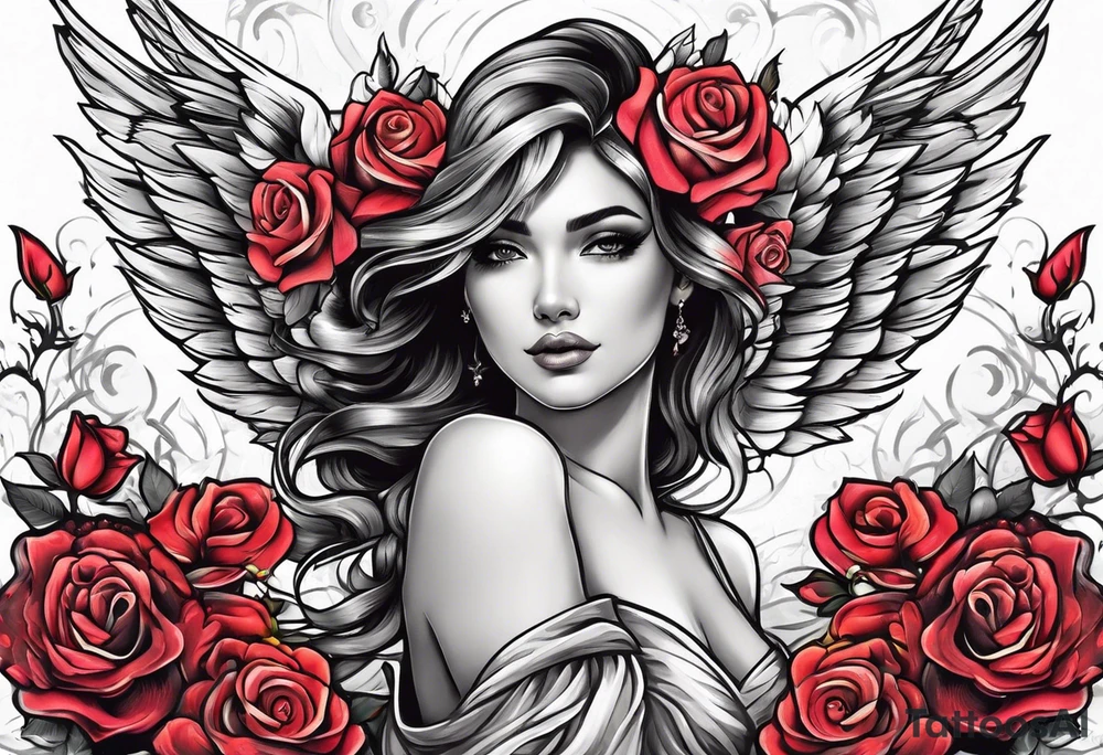 Beautiful woman angle with wings standing surrounded by roses tattoo idea