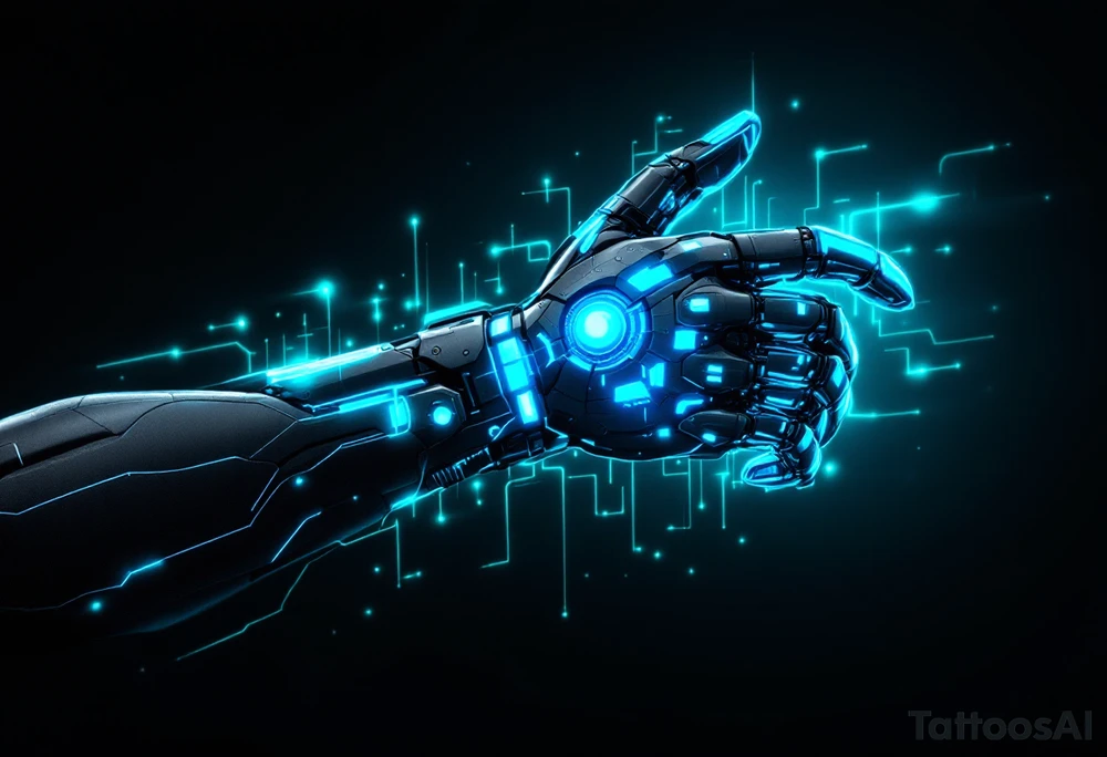 A futuristic robotic glove illusion in matte black and cobalt blue, with neon green circuit tracings. tattoo idea