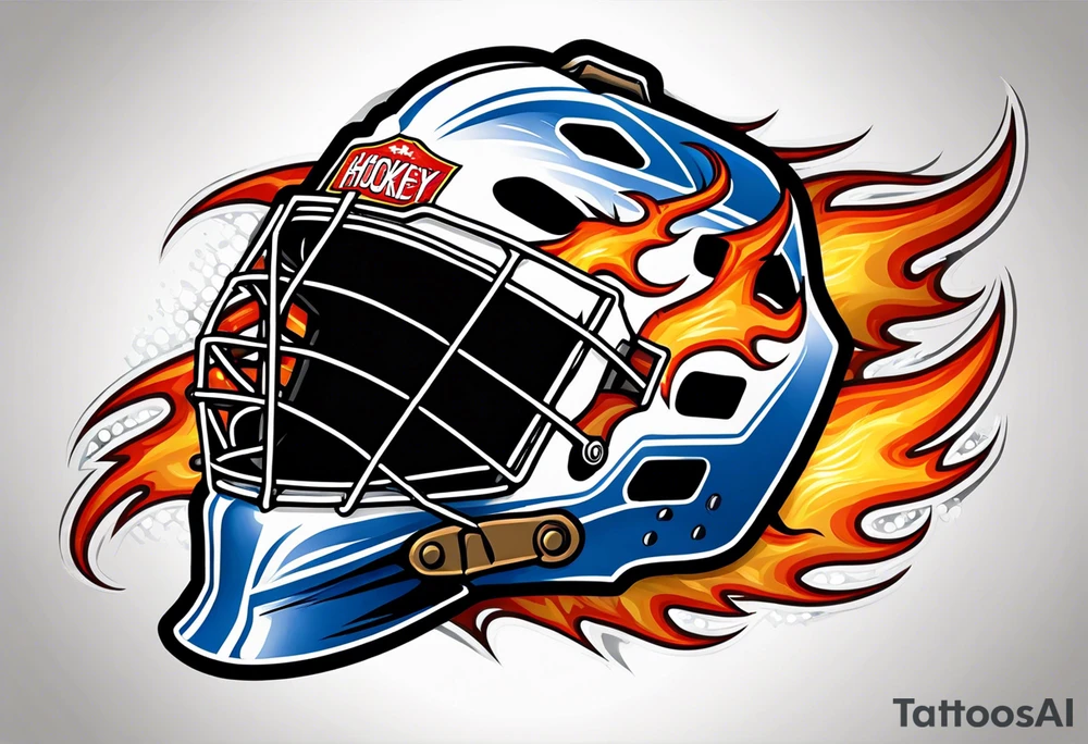 a puck hitting a goalie mask with crossed hockey sticks and flames that says "SHOT HOCKEY" tattoo idea