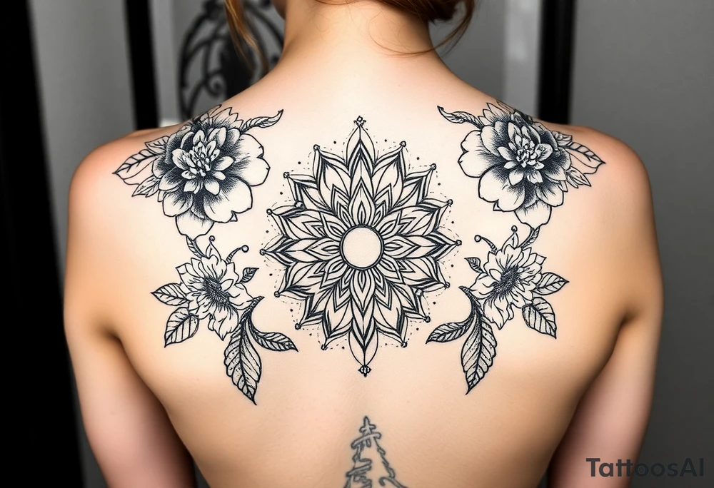 Feminine, full back tattoo, with matching florals on the shoulders and  with an hourglass in the middle and Mendala lines curving up the back tattoo idea