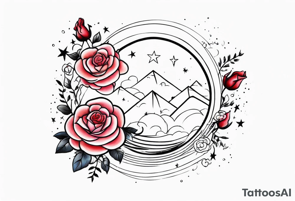 Vertical Clouds with pulsar and small roses and stars around it tattoo idea