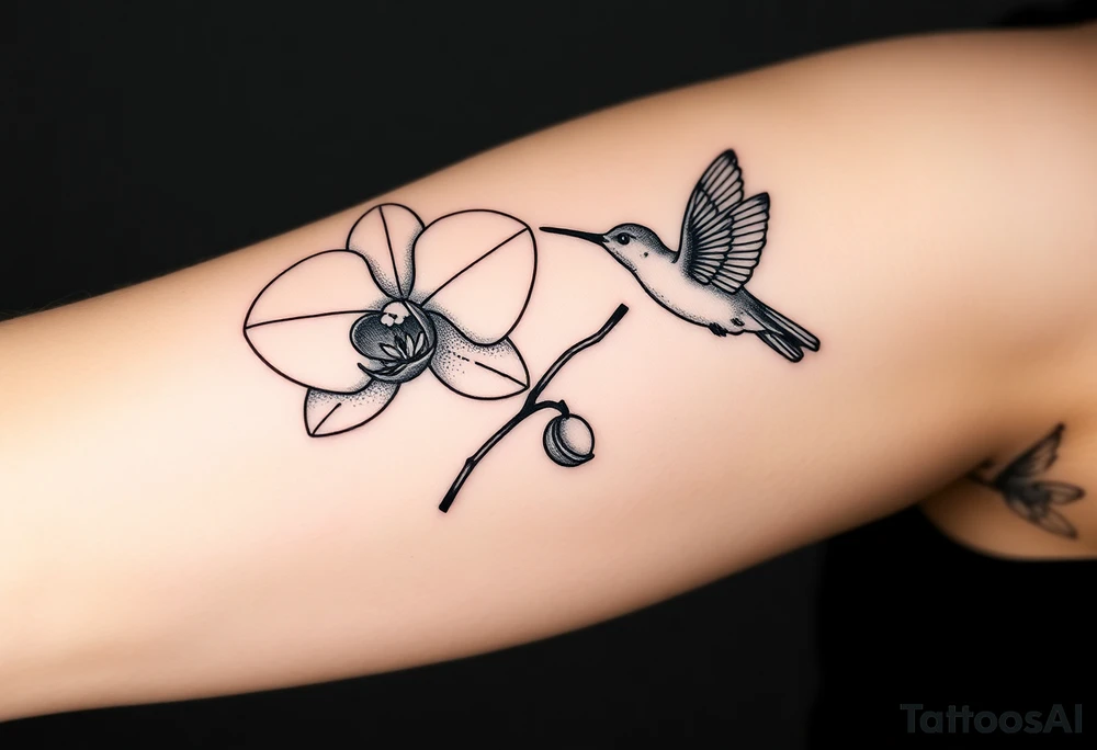 A delicate, black and white fine-line tattoo for male, featuring gracefully detailed 2 orchids in full bloom including their stems, with soft, intricate petals and elegant curves. Beside it, a hummingbird hovers mid-flight, its wings drawn with subtle motion lines, its slender beak reaching toward the orchid’s center to drink its nectar. on the other flower there is a bee that is resting tattoo idea