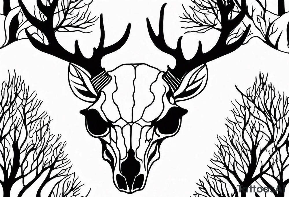 side profile of a DECAYING deer skull JUST BONE supernatural cannibal surrounded by a flames and trees tattoo idea