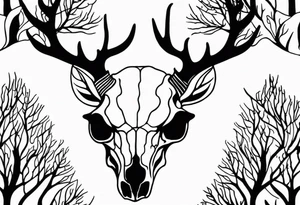 side profile of a DECAYING deer skull JUST BONE supernatural cannibal surrounded by a flames and trees tattoo idea