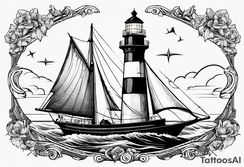 maritime lighthouse in a front view sailboat serving as a mast for a sail. tattoo idea