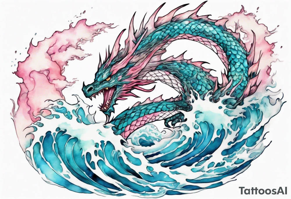 a beautiful turquoise pink and white wyvern rising from the blue waves of the ocean tattoo idea