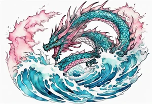 a beautiful turquoise pink and white wyvern rising from the blue waves of the ocean tattoo idea