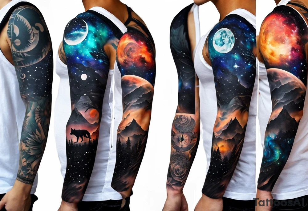 a tattoo sleeve with: A yin yang, A compass, A geometric wolf, A galaxy scene with planets and stars. The tattoo covers the entire arm and has a colorful and detailed style. The yin yang is on the shoulder and has a black and white contrast. The compass is on the upper arm and has a realistic and metallic look. The geometric wolf is on the lower arm and has a blue and purple color scheme. The galaxy scene is on the hand and wrist and has a dark and starry background with planets and moons. The tattoo is connected by a swirling pattern that creates a sense of harmony and movement. tattoo idea