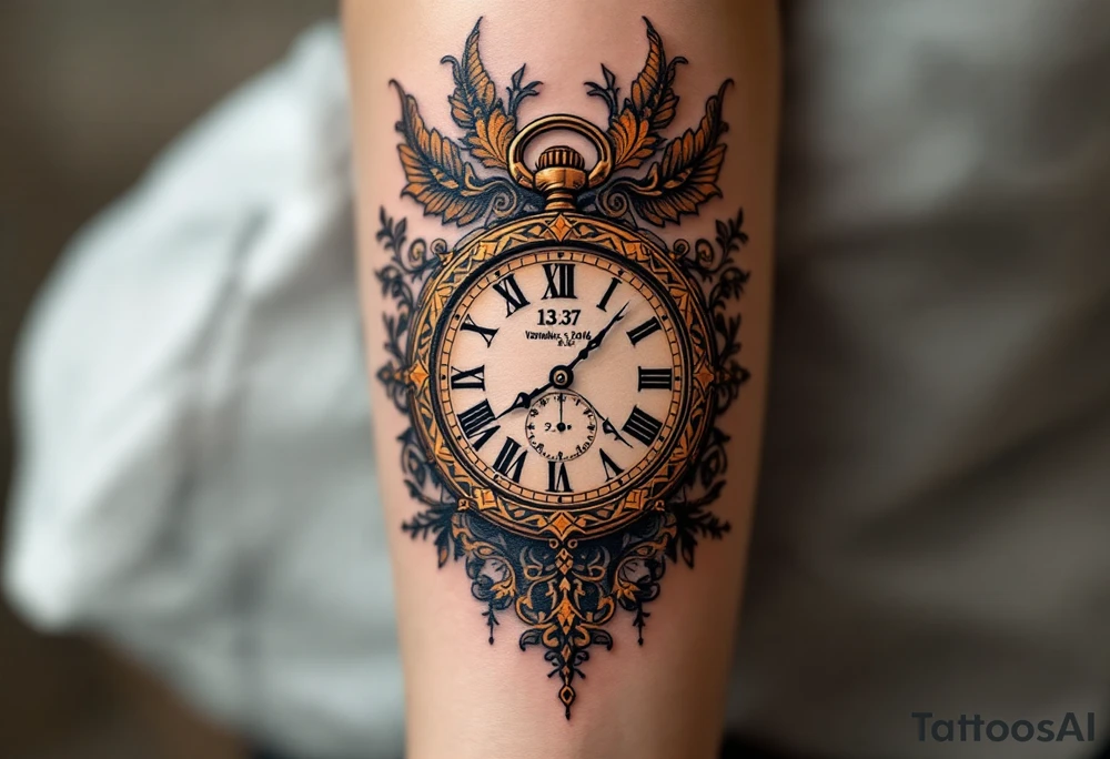 Ornate pocket watch tattoo showing 13:37 and bigger letters "Veronika – 2.9.2016" in warm sepia tones. tattoo idea