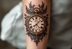 Ornate pocket watch tattoo showing 13:37 and bigger letters "Veronika – 2.9.2016" in warm sepia tones. tattoo idea