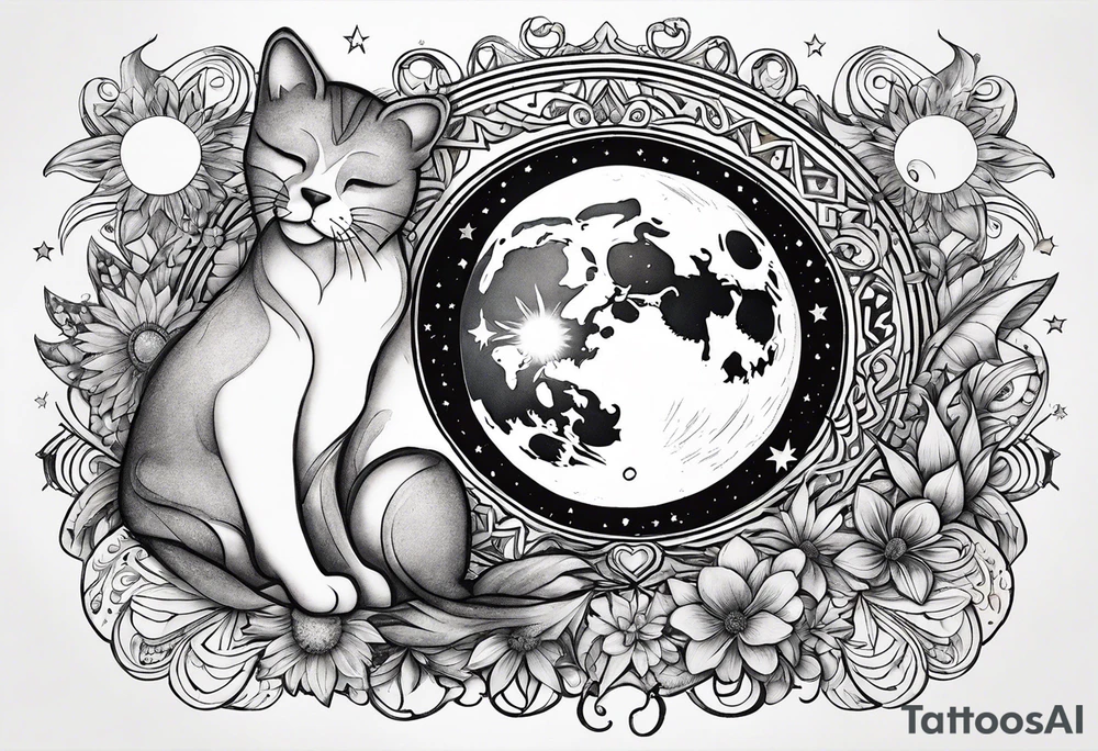 Sun and moon intertwined together with a romantic kiss or hug
With a pawprint pathway going to 2 cat and pitbull dog face surrounded with intergalactic Stars and infinite love bond tattoo idea