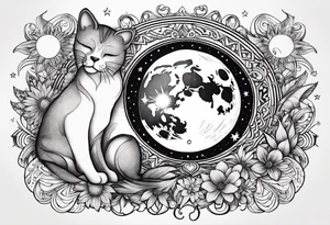 Sun and moon intertwined together with a romantic kiss or hug
With a pawprint pathway going to 2 cat and pitbull dog face surrounded with intergalactic Stars and infinite love bond tattoo idea